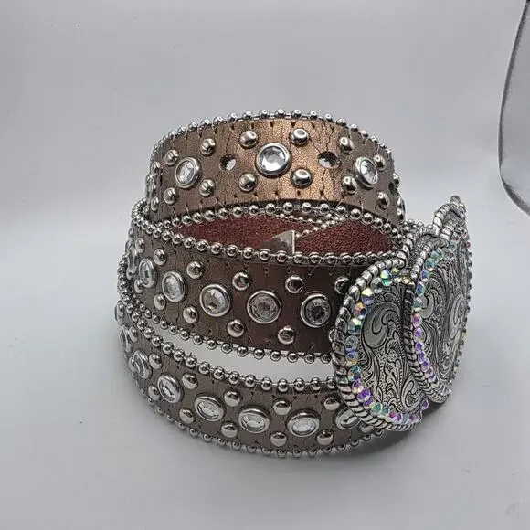 Nocona Western Heart Concho Rhinestone Leather Belt Cowgirl Rodeo Boho - Picture 2 of 7